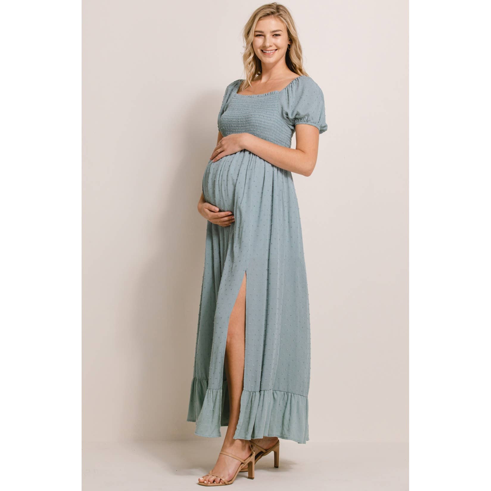 Square Neck Puff Sleeve Maternity Maxi Dress