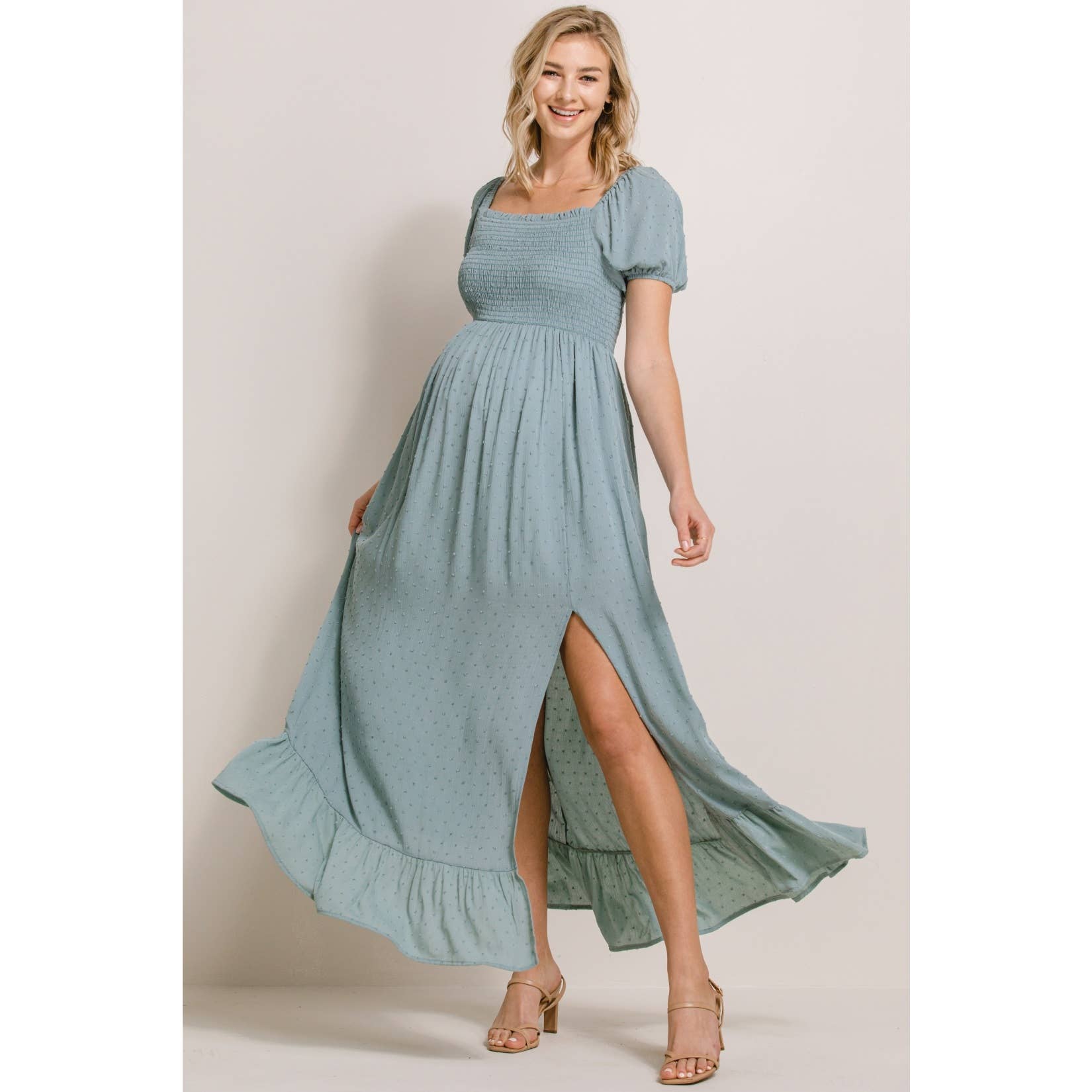 Square Neck Puff Sleeve Maternity Maxi Dress
