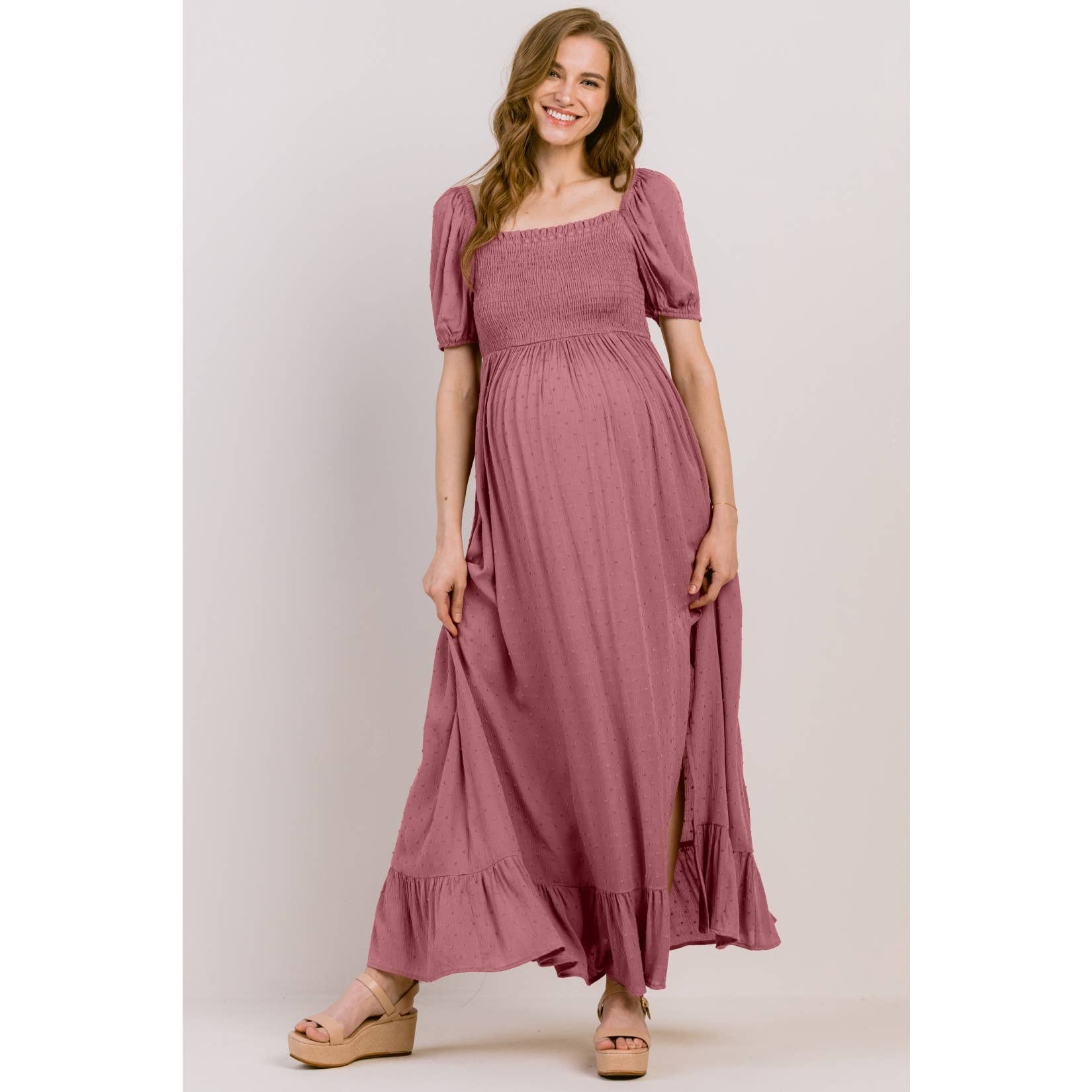 Square Neck Puff Sleeve Maternity Maxi Dress