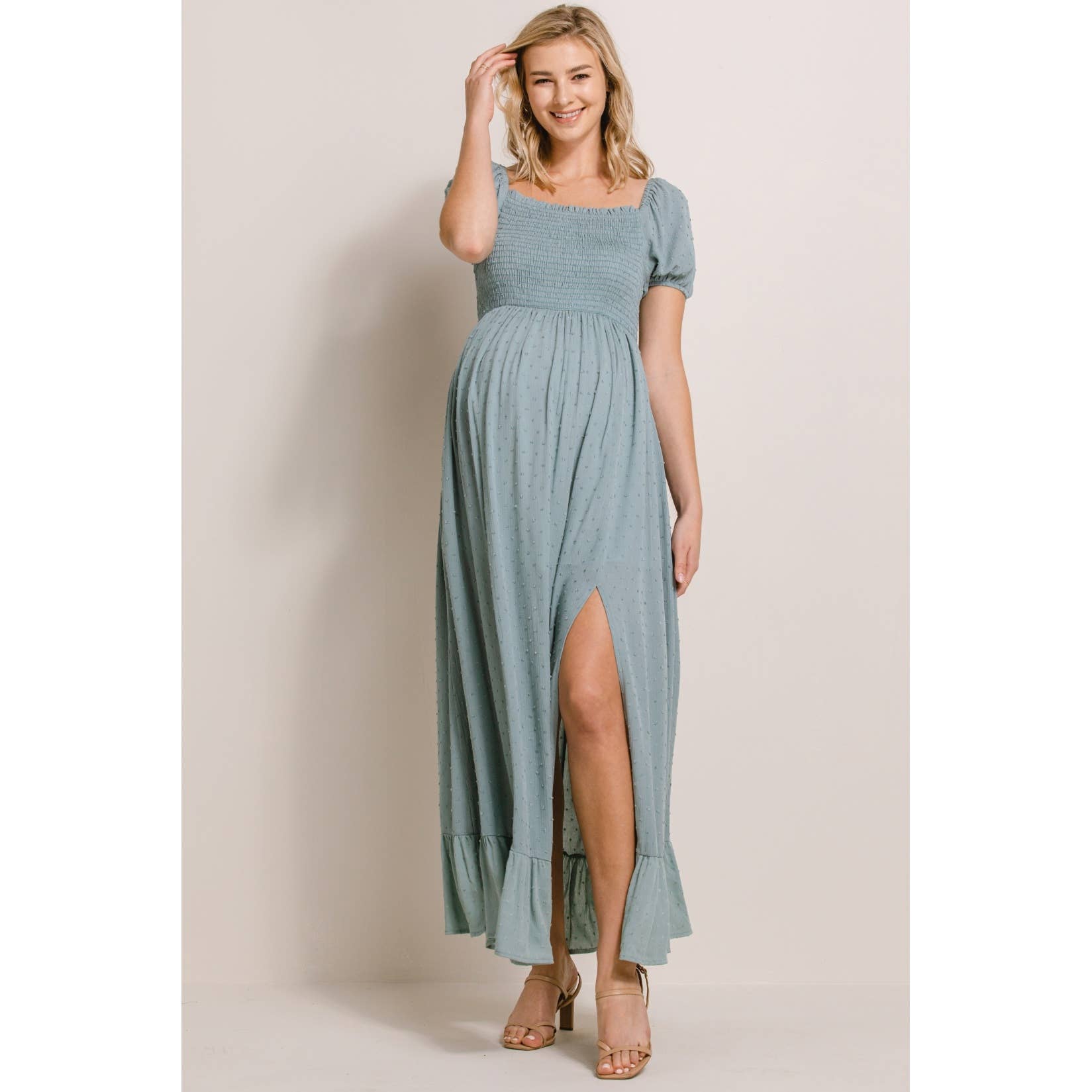 Square Neck Puff Sleeve Maternity Maxi Dress