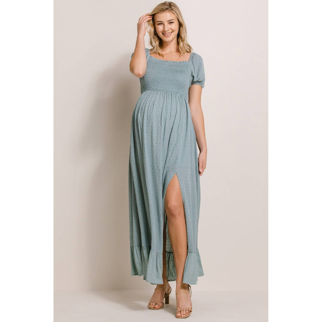 Square Neck Puff Sleeve Maternity Maxi Dress