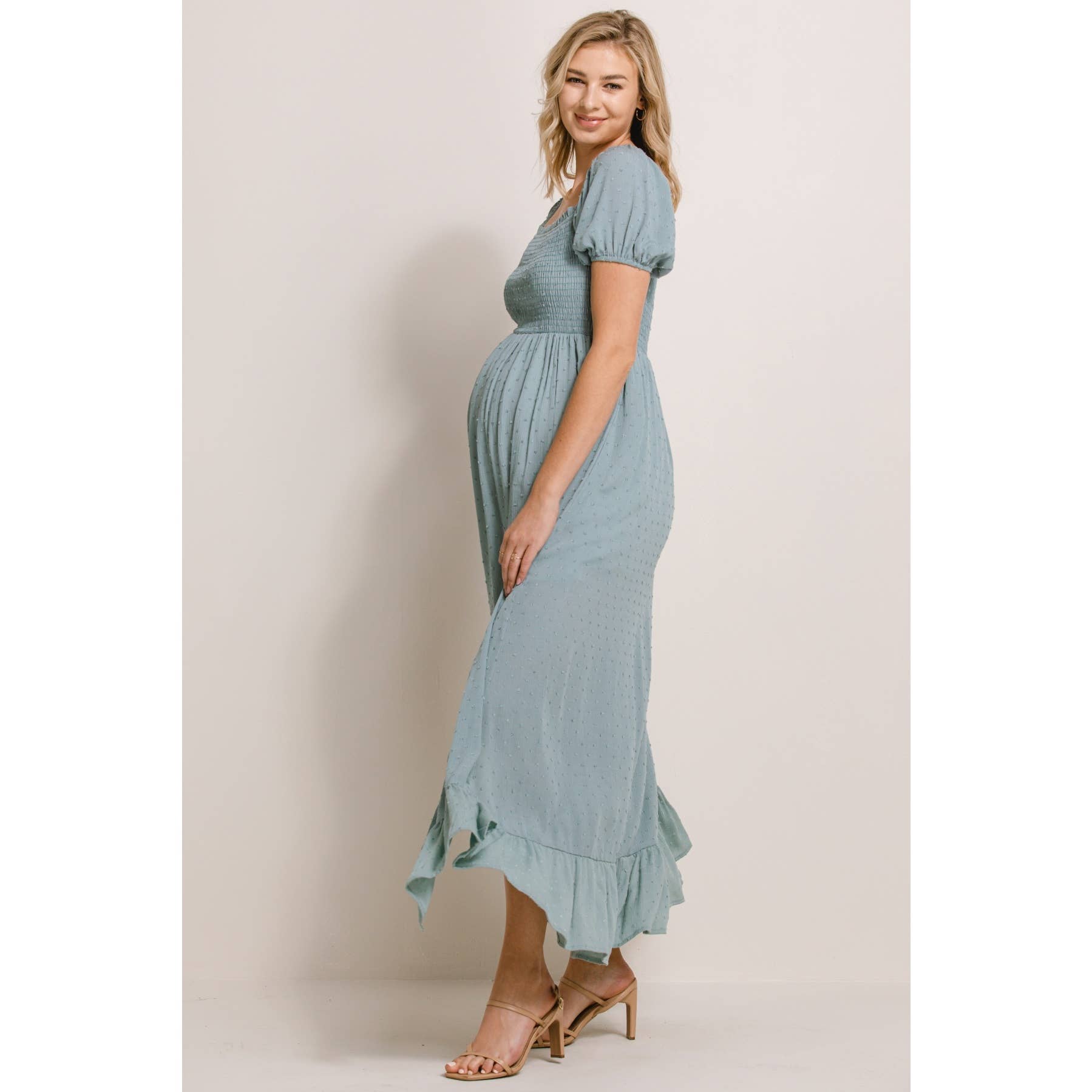 Square Neck Puff Sleeve Maternity Maxi Dress