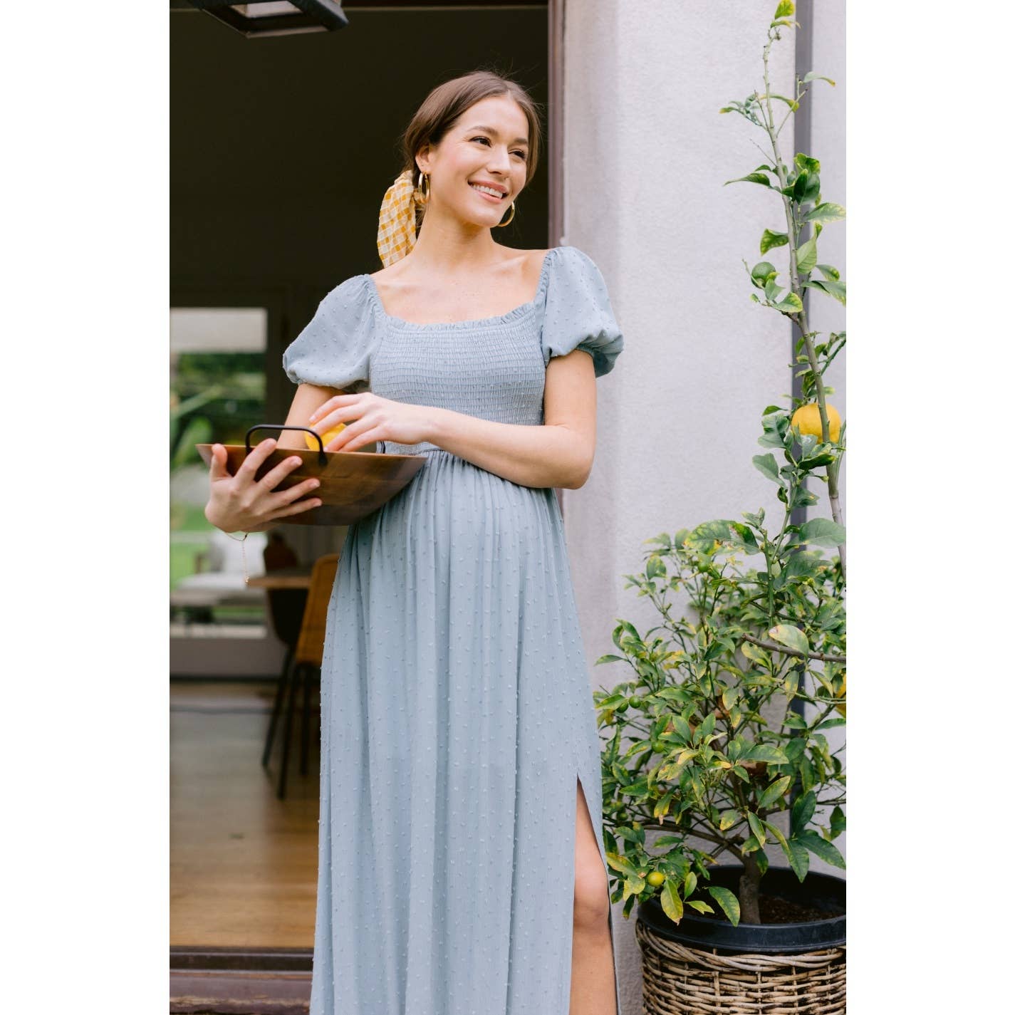 Square Neck Puff Sleeve Maternity Maxi Dress