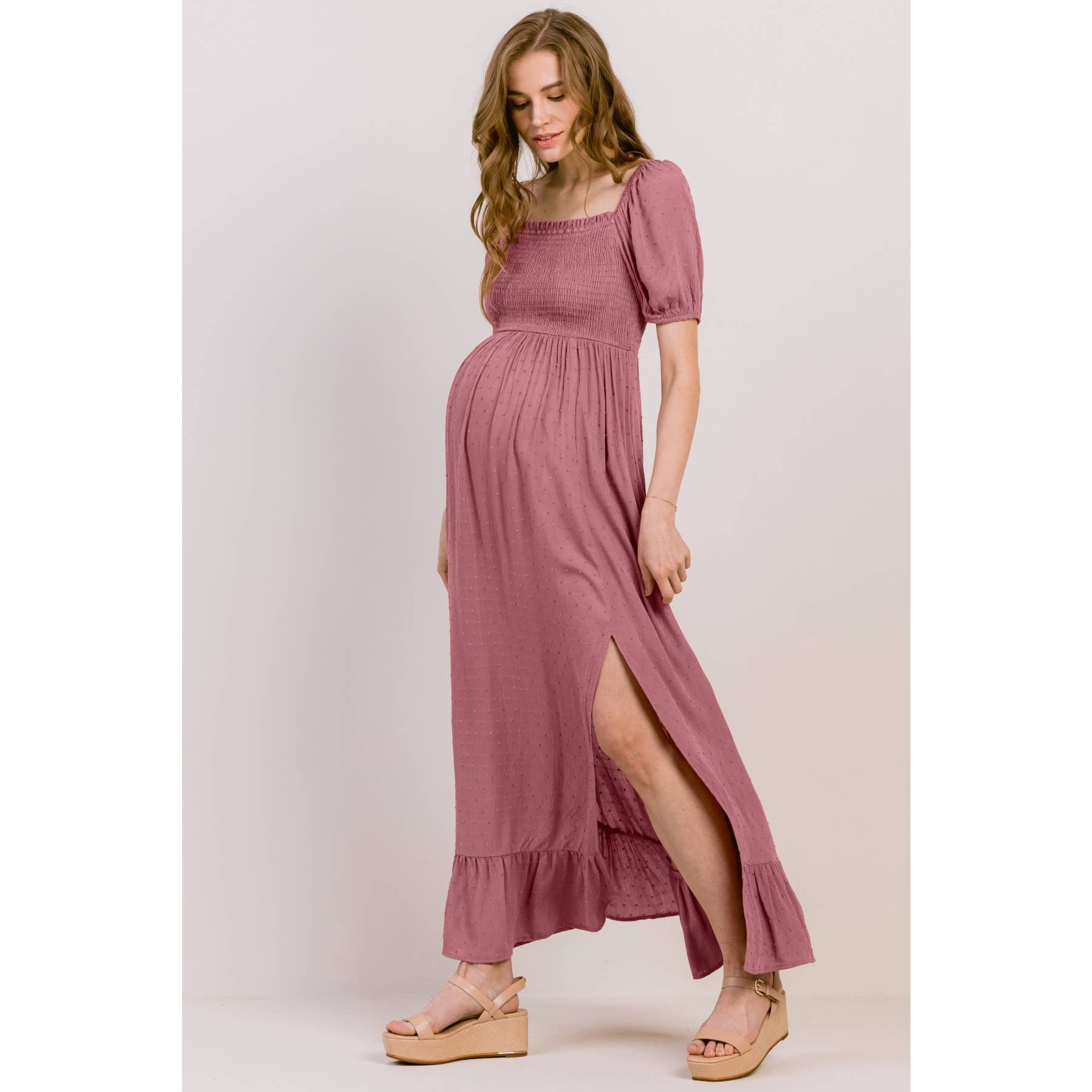 Square Neck Puff Sleeve Maternity Maxi Dress